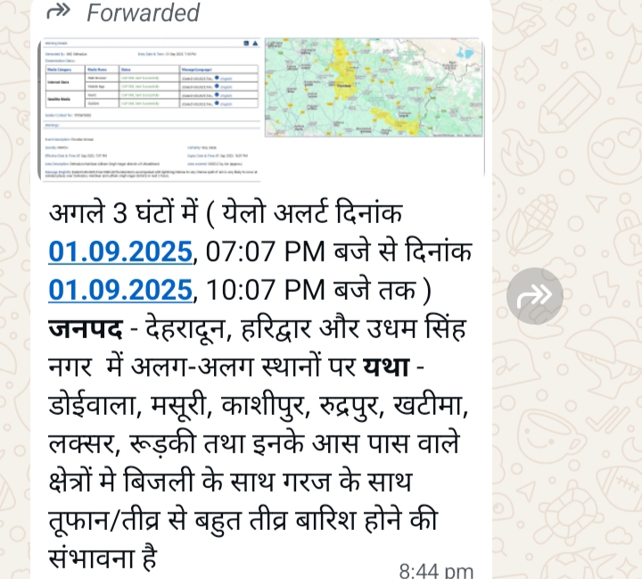 अगले 3 घंटों में उत्तराखंड के कई जिलों में येलो अलर्ट 1